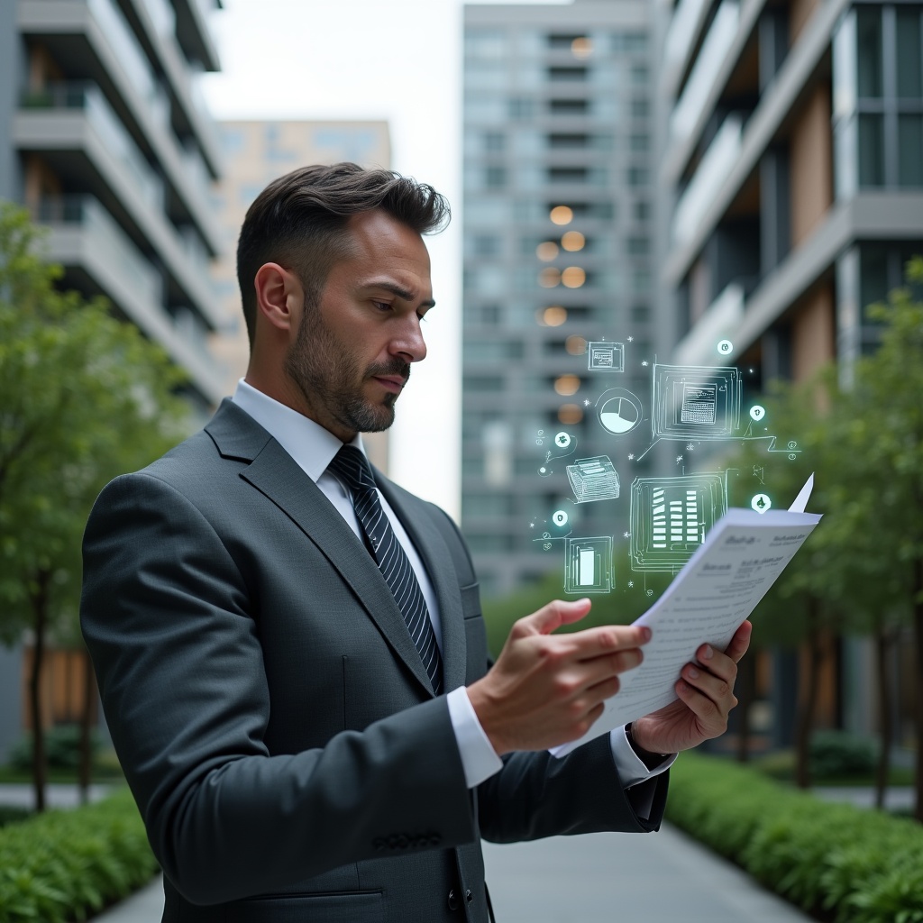 (Ultra-realistic condominium manager in a charcoal gray tailored suit, set in a modern luxury condominium environment with high-rise buildings and manicured green gardens, reviewing a floating holographic financial report with charts and numbers, projecting confidence and focus, digital icons of pie charts and ledgers hovering nearby, cinematic lighting, shallow depth of field, highly detailed textures, realistic skin, photographic realism, 8k resolution --ar 1:1 --v 6)