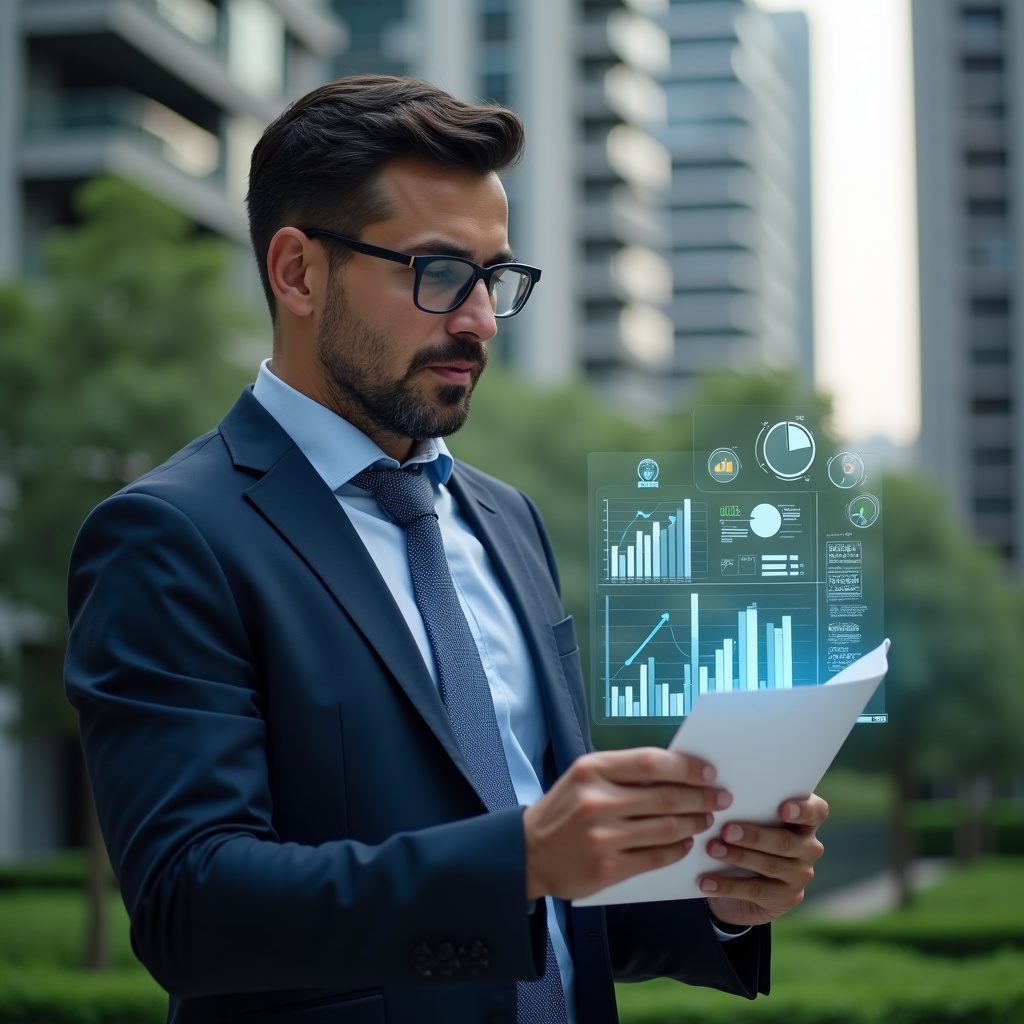 (Ultra-realistic condominium manager in a navy tailored suit, set in a modern luxury condominium environment with high-rise buildings and lush green landscaping, medium shot of the manager reviewing a transparent holographic financial report with a focused, confident expression, floating holographic icons of charts, ledgers and coins symbolizing budgeting accuracy, cinematic lighting, shallow depth of field, highly detailed textures, realistic skin, photographic realism, 8k resolution --ar 1:1 --v 6)