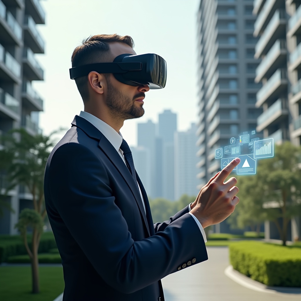 Ultra-realistic condominium manager in a navy executive suit, set in a modern luxury condominium environment with high-rise buildings and manicured green landscaping, mid-shot of the manager confidently reviewing holographic financial charts and pointing at floating document icons symbolizing accounting accuracy, cinematic lighting, shallow depth of field, highly detailed textures, realistic skin, photographic realism, 8k resolution --ar 1:1 --v 6