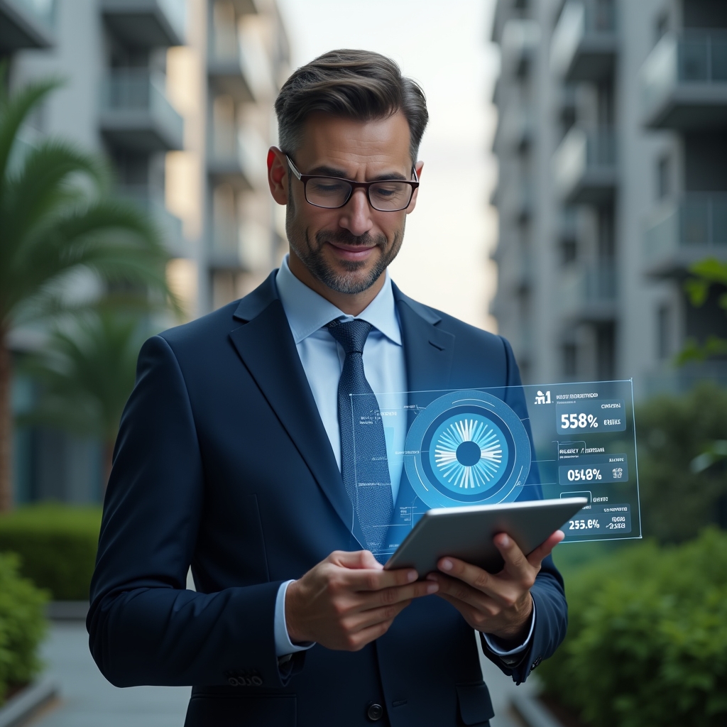 Ultra-realistic condominium manager in a navy executive suit, set in a modern luxury condominium environment with high-rise buildings and lush green landscaping, holding a digital tablet displaying budget charts and maintenance schedules, examining a glowing holographic pie chart and wrench icon symbolizing cost-saving strategies, confident expression, cinematic lighting, shallow depth of field, highly detailed textures, realistic skin, photographic realism, 8k resolution --ar 1:1 --v 6