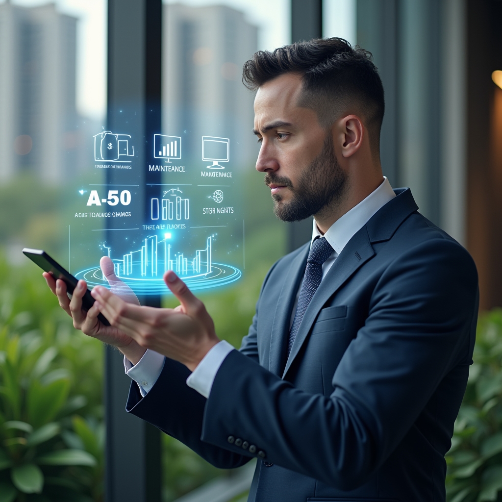 (Ultra-realistic condominium manager in a tailored navy blue suit, set in a modern luxury condominium environment with high-rise buildings and lush green landscaping, analyzing a floating holographic interface displaying app icons, financial graphs and maintenance requests, confident expression, cinematic lighting, shallow depth of field, highly detailed textures, realistic skin, photographic realism, 8k resolution --ar 1:1 --v 6)