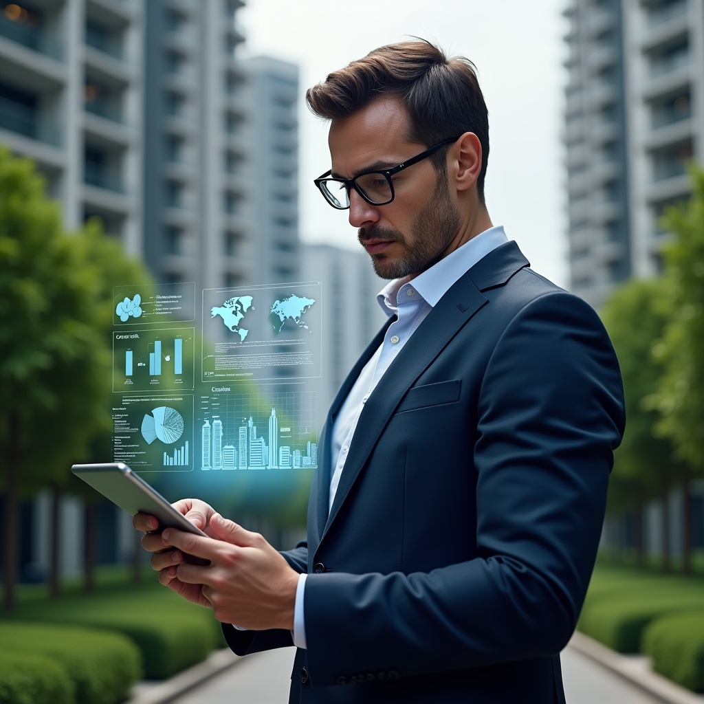 Ultra-realistic condominium manager in a navy tailored suit, set in a modern luxury condominium environment with high-rise buildings and manicured green landscaping, holding a tablet displaying holographic financial charts and organized document icons, reviewing transparent digital reports with a focused, confident expression, cinematic lighting, shallow depth of field, highly detailed textures, realistic skin, photographic realism, 8k resolution --ar 1:1 --v 6