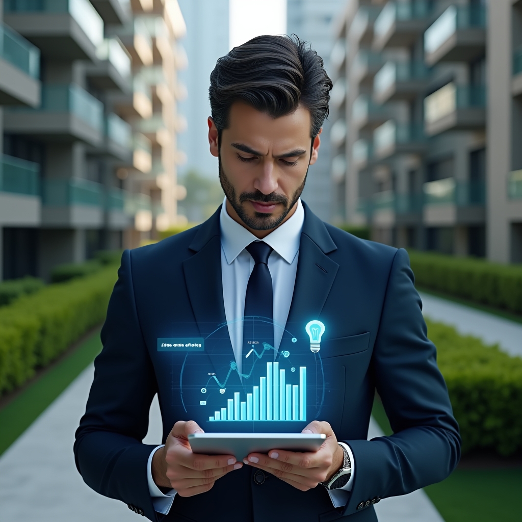 (Ultra-realistic condominium manager in a tailored navy suit, set in a modern luxury condominium environment with high-rise buildings and manicured green landscaping, analyzing a holographic financial report of expense-reduction charts on a transparent tablet, floating savings icons and LED bulb holograms beside him, confident and focused expression, cinematic lighting, shallow depth of field, highly detailed textures, realistic skin, photographic realism, 8k resolution --ar 1:1 --v 6)