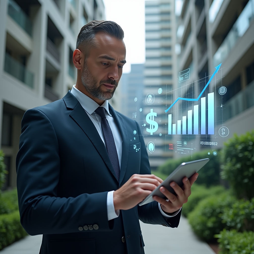 Ultra-realistic condominium manager in a navy tailored suit, set in a modern luxury condominium environment with high-rise buildings and green landscaping, analyzing a floating holographic financial chart showing reduced expenses while holding a tablet, with transparent icons of coins, documents and contract symbols hovering around, cinematic lighting, shallow depth of field, highly detailed textures, realistic skin, photographic realism, 8k resolution --ar 1:1 --v 6