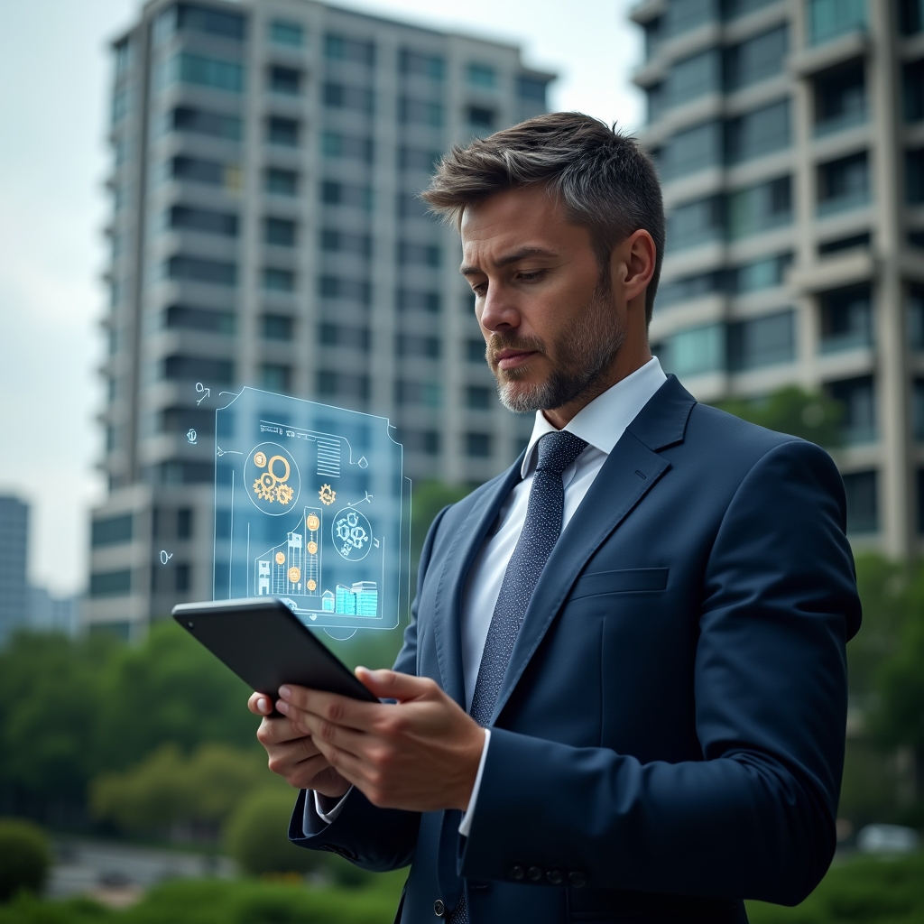 (Ultra-realistic condominium property manager in a navy blue suit, set in a modern luxury condominium environment with high-rise buildings and lush green landscaping, holding a digital tablet and analyzing a holographic cost-reduction chart with floating icons of coins and gears, thoughtful and confident expression, cinematic lighting, shallow depth of field, highly detailed textures, realistic skin, photographic realism, 8k resolution --ar 1:1 --v 6)