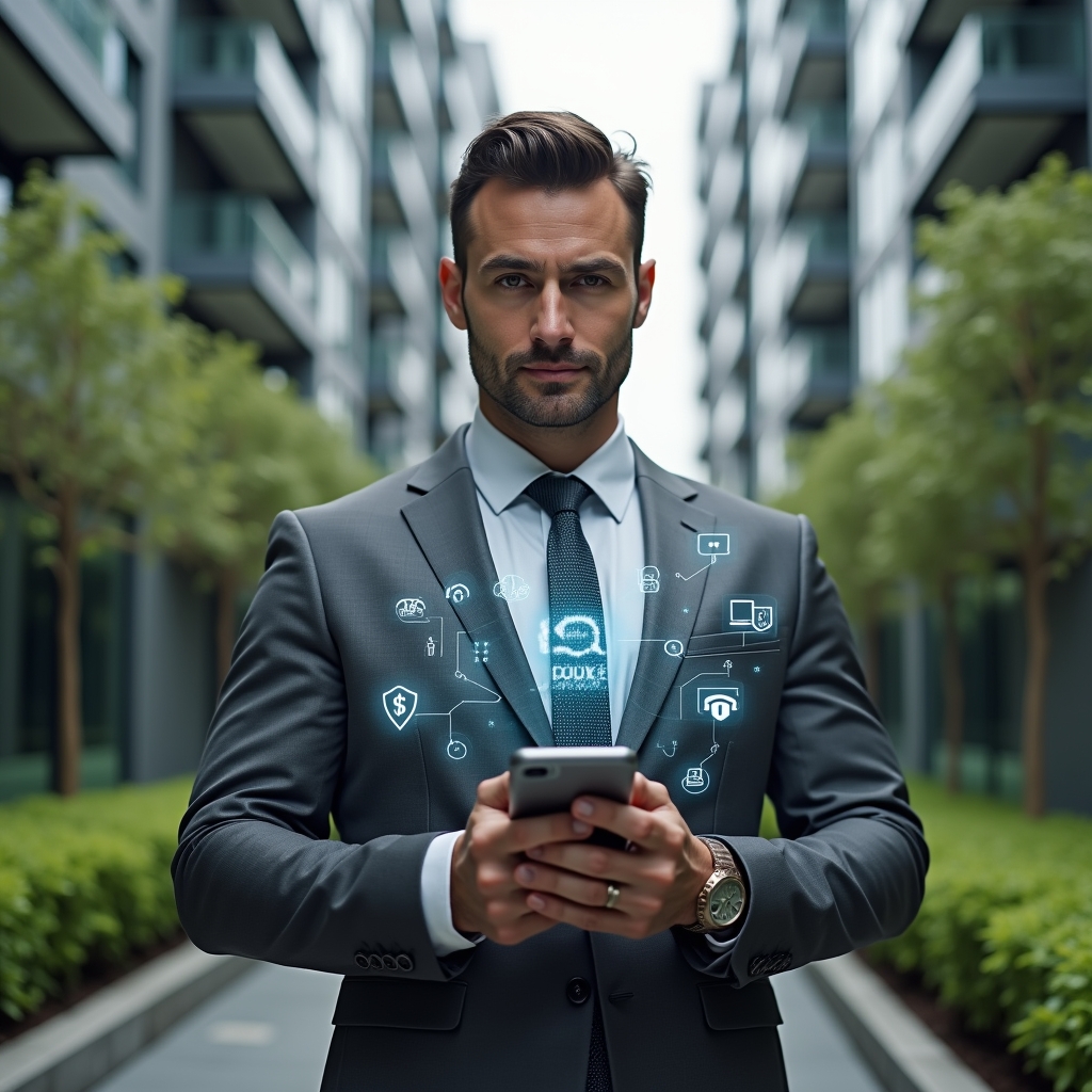 Ultra-realistic condominium manager in a charcoal gray tailored suit, set in a modern luxury condominium environment with high-rise buildings and lush green landscaping, holding a sleek smartphone at chest level with floating holographic icons representing communication, finance, reservations, maintenance, and security, confident expression, cinematic lighting, shallow depth of field, highly detailed textures, realistic skin, photographic realism, 8k resolution --ar 1:1 --v 6
