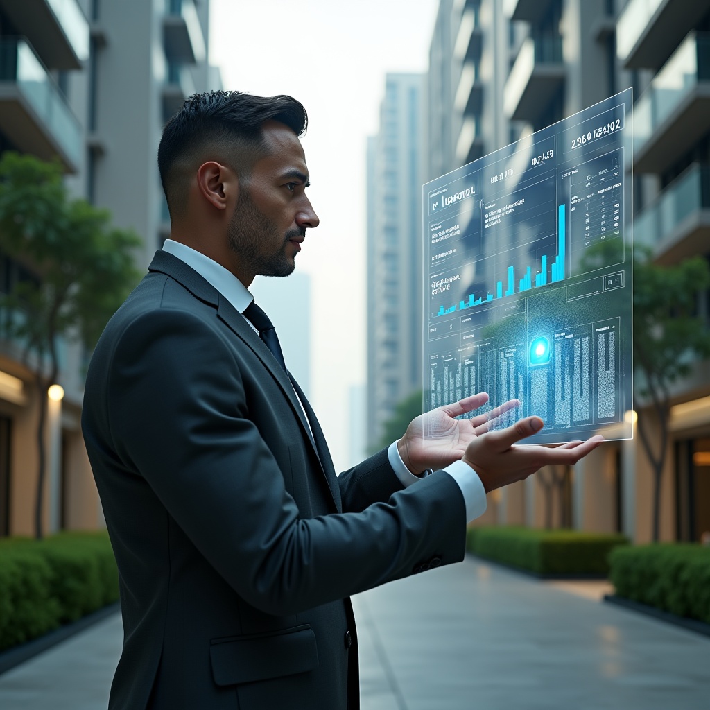 (Ultra-realistic condominium manager in a charcoal gray executive suit, set in a modern luxury condominium environment with high-rise buildings and manicured green landscaping, analyzing a floating holographic dashboard displaying building reservations, financial charts, communication alerts, and security icons, confident and focused expression, cinematic lighting, shallow depth of field, highly detailed textures, realistic skin, photographic realism, 8k resolution --ar 1:1 --v 6)