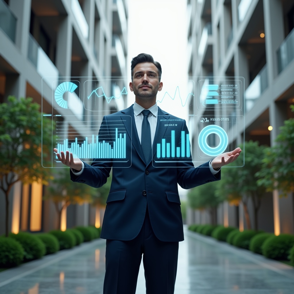 (Ultra-realistic condominium administrator in a navy executive suit, set in a modern luxury condominium environment with high-rise buildings and manicured green landscaping, standing in a medium shot as they examine floating holographic financial charts displaying bar graphs, pie charts and line trends, confident and focused expression, cinematic lighting, shallow depth of field, highly detailed textures, realistic skin, photographic realism, 8k resolution --ar 1:1 --v 6)