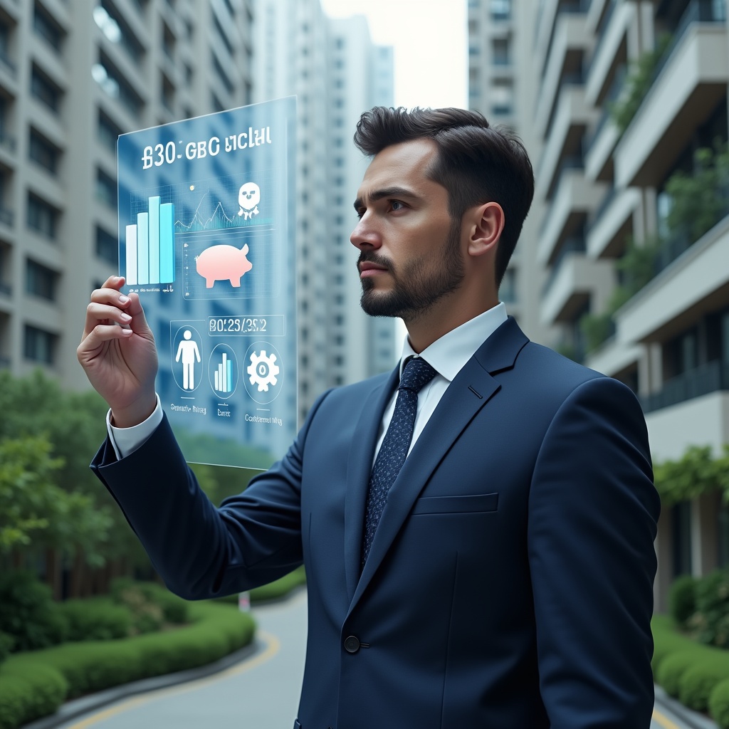 (Ultra-realistic condominium manager in a tailored dark blue suit, set in a modern luxury condominium environment with high-rise buildings and lush green landscaping, examining a holographic financial dashboard with cost-reduction charts and floating icons of a piggy bank and gears, confident and thoughtful expression, cinematic lighting, shallow depth of field, highly detailed textures, realistic skin, photographic realism, 8k resolution --ar 1:1 --v 6)