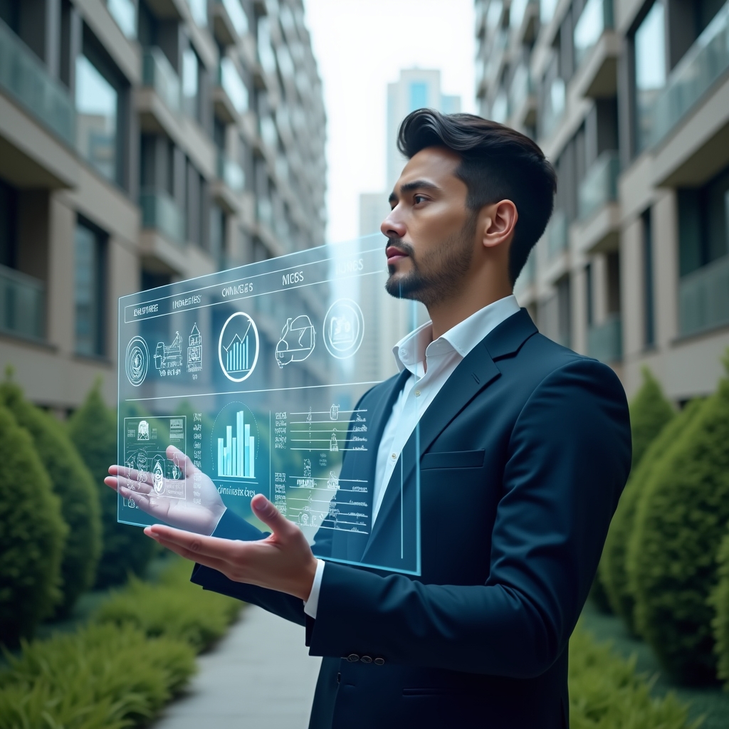 (Ultra-realistic condominium manager in a navy suit, set in a modern luxury condominium environment with high-rise buildings and green landscaping, holding and analyzing a holographic dashboard displaying financial charts and communication icons, futuristic holographic interface floating before them symbolizing efficient expense control and streamlined messaging, confident expression, cinematic lighting, shallow depth of field, highly detailed textures, realistic skin, photographic realism, 8k resolution --ar 1:1 --v 6)