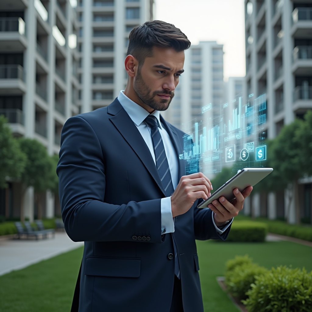 Ultra-realistic condominium manager in a tailored navy suit, set in a modern luxury condominium environment with high-rise buildings and manicured green landscaping, analyzing holographic financial charts projected from a tablet, holding a digital ledger with floating icons of bar graphs and dollar signs, expression serious yet confident, cinematic lighting, shallow depth of field, highly detailed textures, realistic skin, photographic realism, 8k resolution --ar 1:1 --v 6