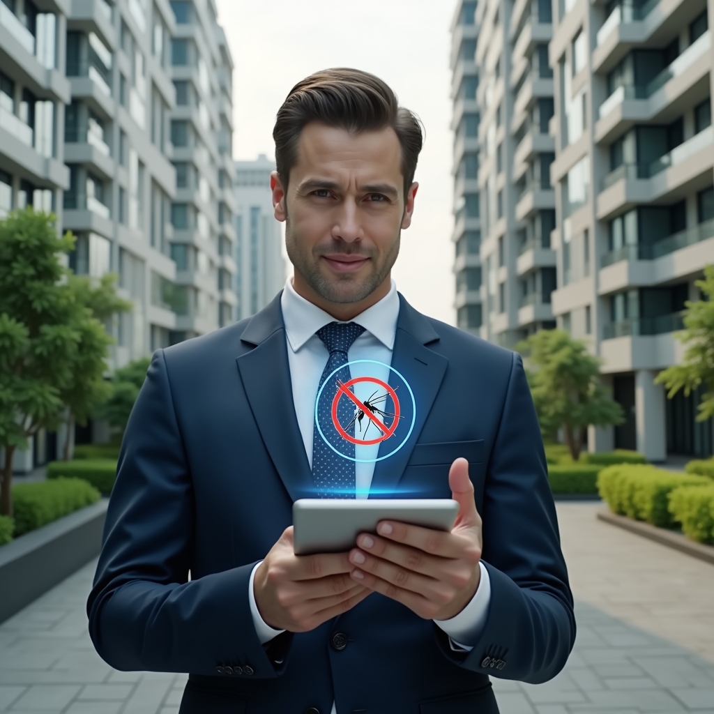 Ultra-realistic condominium manager in a navy suit, set in a modern luxury condominium environment with high-rise buildings and lush green landscaping, holding a tablet displaying a digital checklist and pointing at a holographic mosquito icon with a red “no” symbol, confident expression, cinematic lighting, shallow depth of field, highly detailed textures, realistic skin, photographic realism, 8k resolution --ar 1:1 --v 6