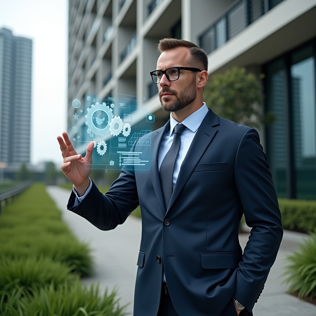(Ultra-realistic condominium manager in a navy executive suit, set in a modern luxury condominium environment with high-rise buildings and meticulously landscaped greenery, interacting with a floating holographic interface displaying gears, checkmarks and workflow charts to symbolize automation of routines, confident and focused expression, cinematic lighting, shallow depth of field, highly detailed textures, realistic skin, photographic realism, 8k resolution --ar 1:1 --v 6)