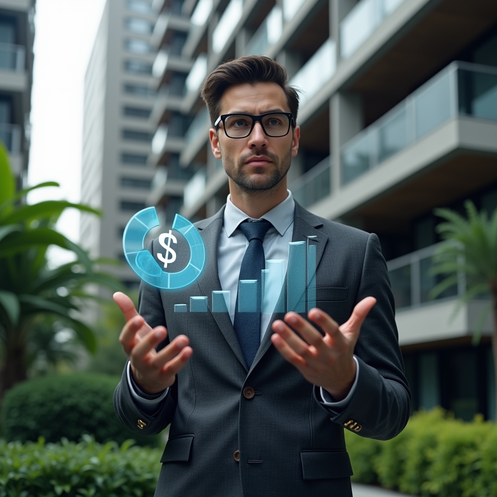 (Ultra-realistic condominium manager in a dark gray tailored suit, set in a modern luxury condominium environment with high-rise buildings and meticulously landscaped greenery, analyzing a floating holographic pie chart of fractional ownership with a holographic currency symbol, thoughtful and confident expression, cinematic lighting, shallow depth of field, highly detailed textures, realistic skin, photographic realism, 8k resolution --ar 1:1 --v 6)