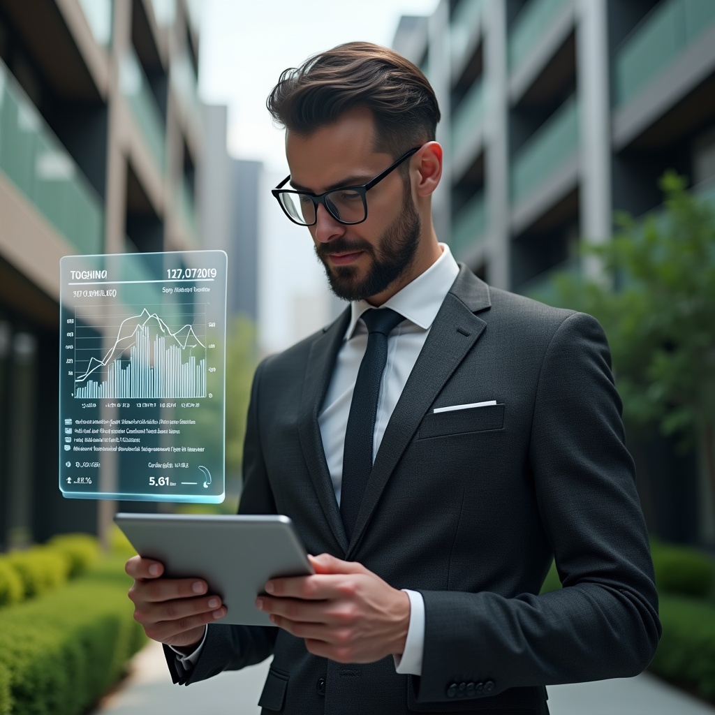 Ultra-realistic condominium manager in a dark gray tailored suit, set in a modern luxury condominium environment with high-rise buildings and manicured green landscaping, confidently reviewing financial documents on a digital tablet while a semi-transparent holographic chart of extraordinary expenses floats beside them, cinematic lighting, shallow depth of field, highly detailed textures, realistic skin, photographic realism, 8k resolution --ar 1:1 --v 6