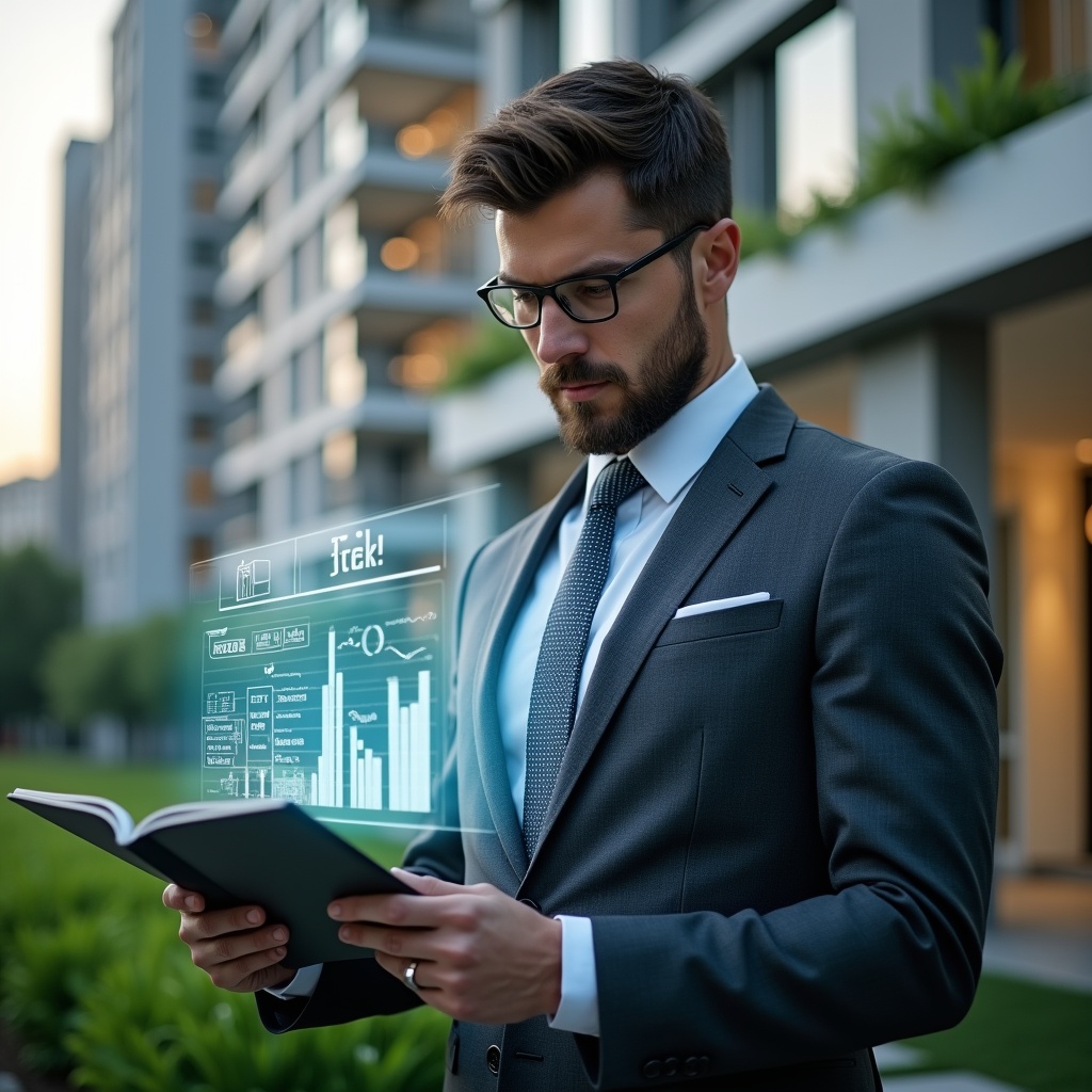 (Ultra-realistic property manager in a dark gray tailored suit, set in a modern luxury condominium environment with high-rise buildings and lush green landscaping, examining a holographic financial report with floating charts and graphs, confident and focused expression, cinematic lighting, shallow depth of field, highly detailed textures, realistic skin, photographic realism, 8k resolution --ar 1:1 --v 6)