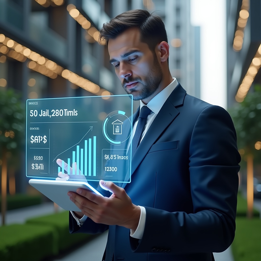 Ultra-realistic condominium manager in a navy suit, set in a modern luxury condominium environment with high-rise buildings and manicured green landscaping, analyzing a glowing holographic dashboard of invoices and payment graphs, confident expression, holding a digital tablet displaying automated billing icons, cinematic lighting, shallow depth of field, highly detailed textures, realistic skin, photographic realism, 8k resolution --ar 1:1 --v 6