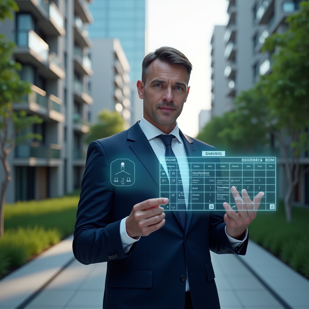 (Ultra-realistic condominium manager in a dark blue suit, set in a modern luxury condominium environment with high-rise buildings and manicured green landscaping, mid-shot of a confident professional interacting with a floating holographic schedule interface displaying calendar icons and reminder notifications, cinematic lighting, shallow depth of field, highly detailed textures, realistic skin, photographic realism, 8k resolution --ar 1:1 --v 6)