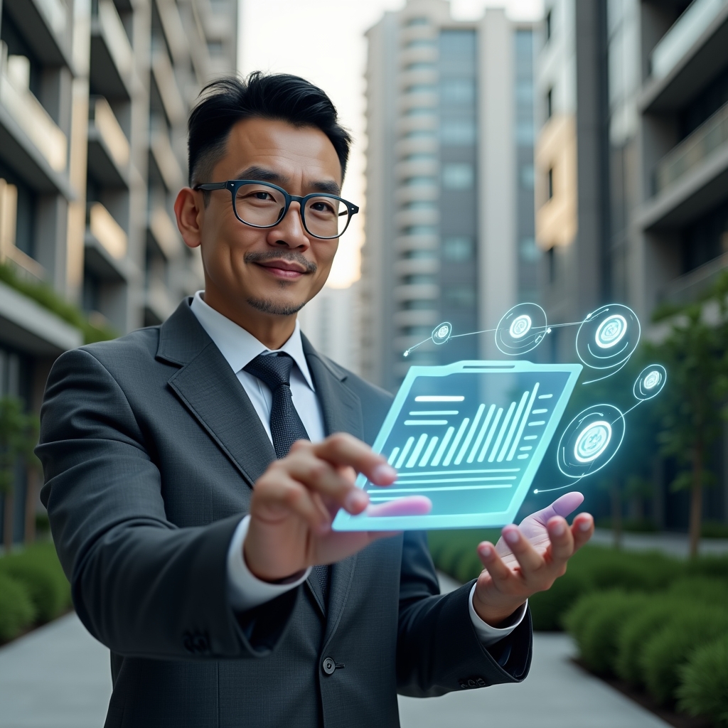 (Ultra-realistic condominium manager in a charcoal gray suit, set in a modern luxury condominium environment with high-rise buildings and manicured greenery, examining a floating holographic balance sheet and financial charts with one hand gesturing toward data, semi-transparent icons of coins and approval checkmarks orbiting around, confident expression reflecting technological innovation, cinematic lighting, shallow depth of field, highly detailed textures, realistic skin, photographic realism, 8k resolution --ar 1:1 --v 6)