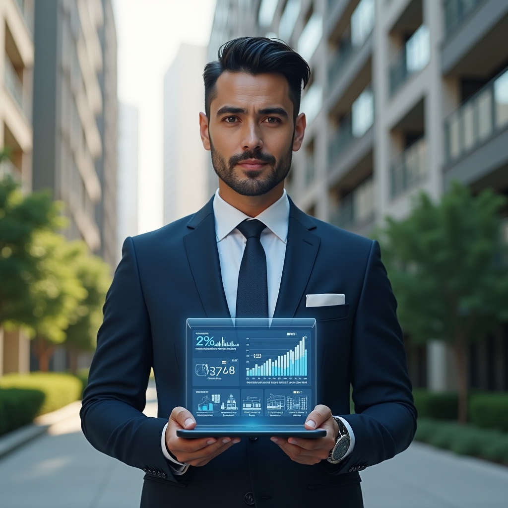 Ultra-realistic condominium manager in a tailored navy suit, set in a modern luxury condominium environment with high-rise buildings and manicured greenery, holding a transparent tablet displaying a holographic financial dashboard with charts and graphs, confident and focused expression, cinematic lighting, shallow depth of field, highly detailed textures, realistic skin, photographic realism, 8k resolution --ar 1:1 --v 6
