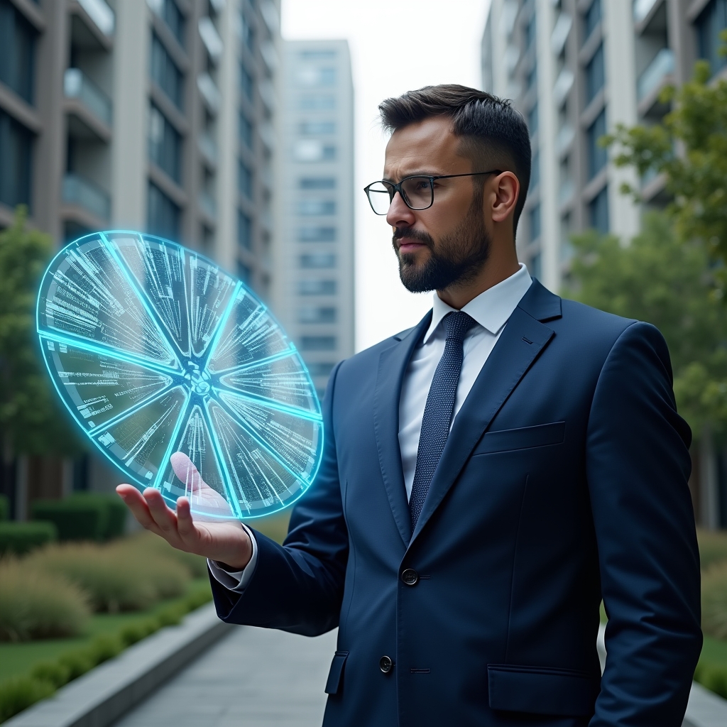 Ultra-realistic condominium manager in a navy blue executive suit, set in a modern luxury condominium environment with high-rise buildings and lush green landscaping, confidently analyzing a holographic fractional pie chart of apartment units floating before him, holographic unit-by-unit fraction labels and numerical data, cinematic lighting, shallow depth of field, highly detailed textures, realistic skin, photographic realism, 8k resolution --ar 1:1 --v 6