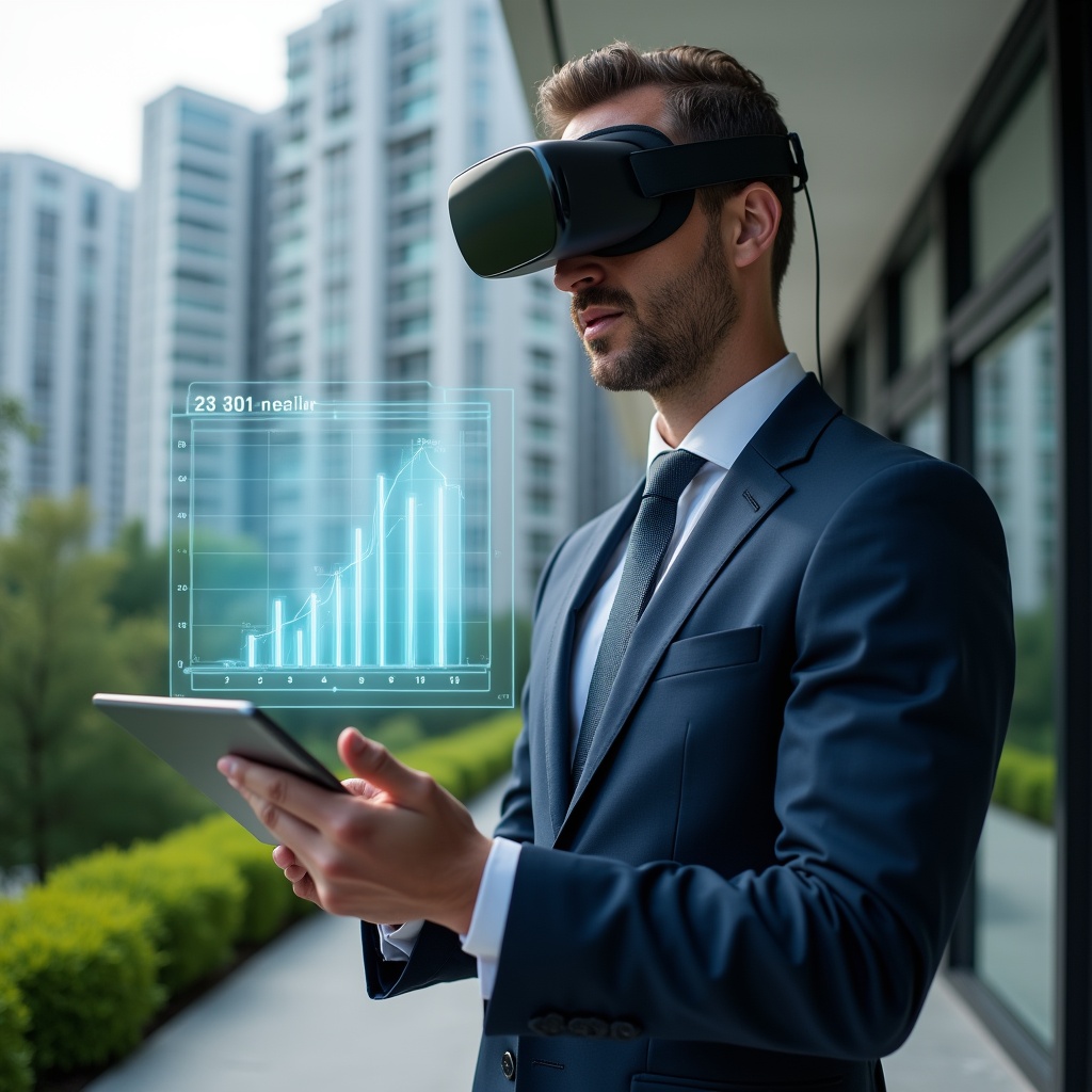 (Ultra-realistic condominium manager in a tailored navy suit, set in a modern luxury condominium environment with high-rise buildings and manicured green landscaping, analyzing a holographic pie chart of unit fractions projected above a sleek digital tablet, confident and focused expression, symbolic hologram of evenly divided expense bars floating nearby, cinematic lighting, shallow depth of field, highly detailed textures, realistic skin, photographic realism, 8k resolution --ar 1:1 --v 6)