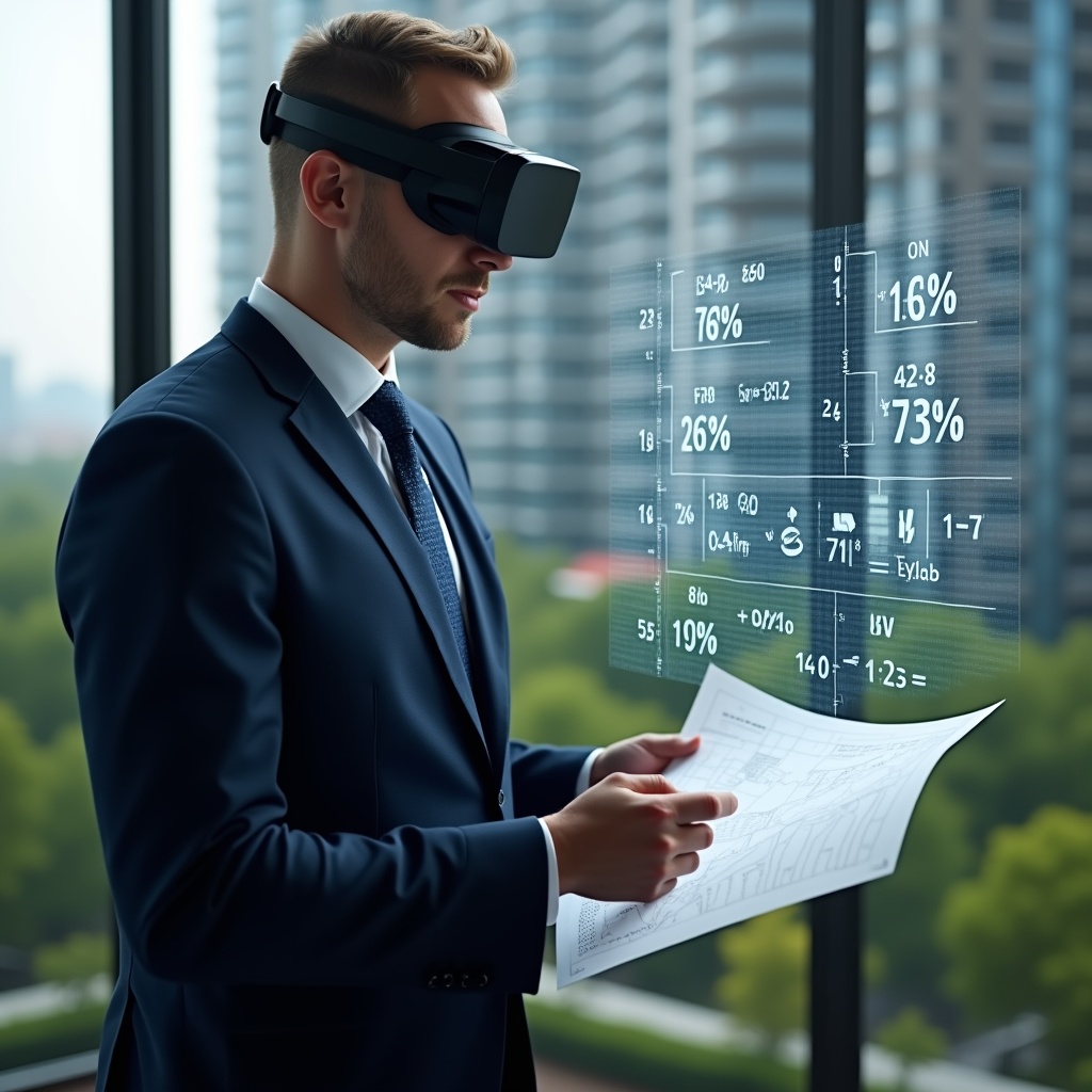 (Ultra-realistic condominium manager in a navy suit, set in a modern luxury condominium environment with high-rise buildings and manicured green landscaping, focused and confident expression, analyzing a holographic blueprint displaying unit percentage fractions and fractional equations floating beside, cinematic lighting, shallow depth of field, highly detailed textures, realistic skin, photographic realism, 8k resolution --ar 1:1 --v 6)