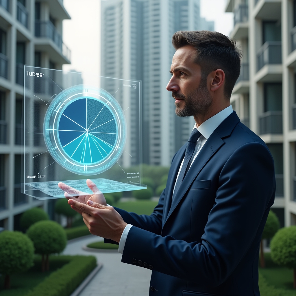 (Ultra-realistic condominium manager in a navy suit, set in a modern luxury condominium environment with high-rise buildings and meticulously landscaped gardens, examining a floating holographic pie chart showing unit fractions, analytical and confident expression, cinematic lighting, shallow depth of field, highly detailed textures, realistic skin, photographic realism, 8k resolution --ar 1:1 --v 6)