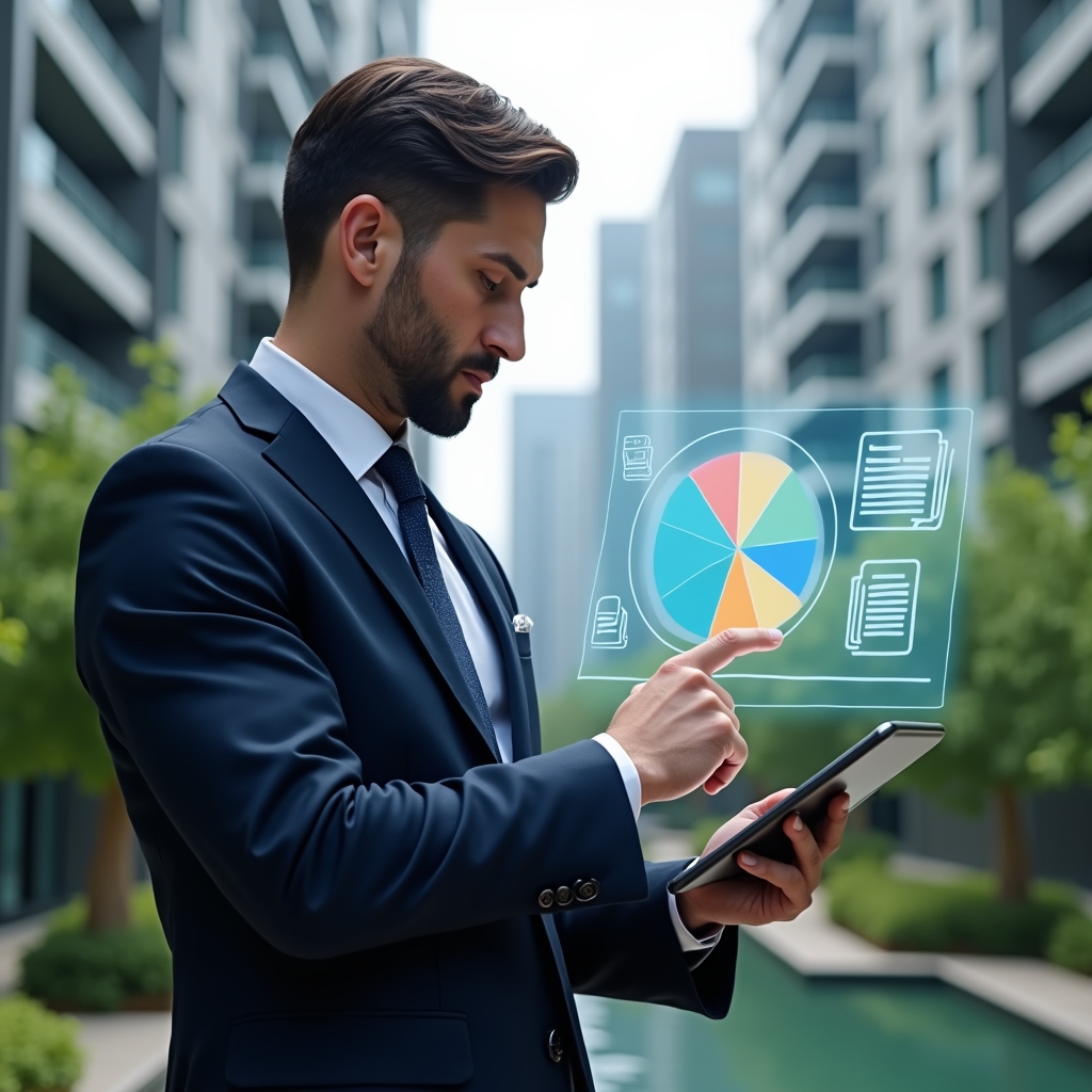 Ultra-realistic condominium manager in a navy suit, set in a modern luxury condominium environment with high-rise buildings and green landscaping, medium shot, holding a digital tablet displaying a holographic pie chart divided into fractional sections and pointing thoughtfully at the diagram to illustrate fair cost distribution, holographic legal document icons floating beside, confident and focused expression, cinematic lighting, shallow depth of field, highly detailed textures, realistic skin, photographic realism, 8k resolution --ar 1:1 --v 6