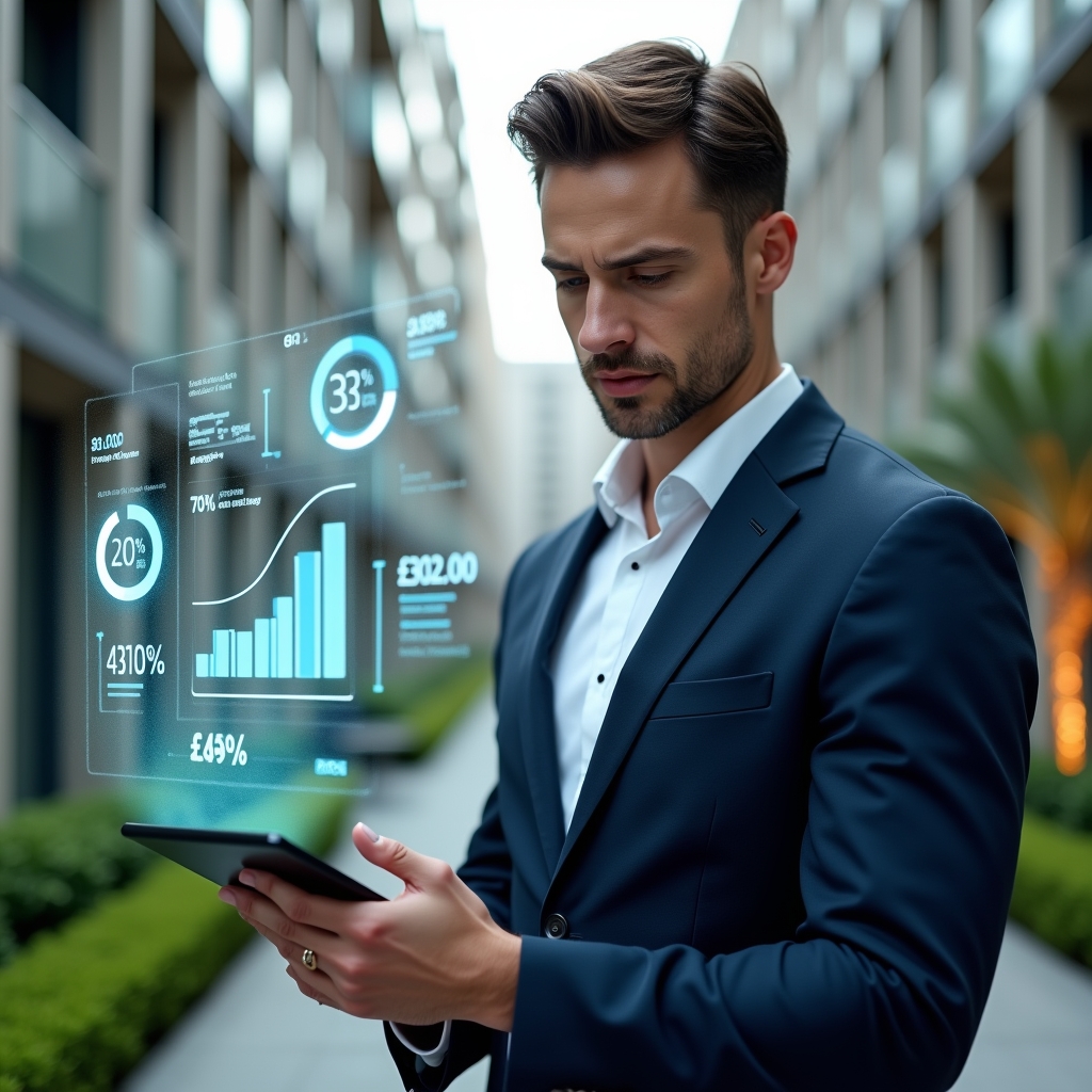 Ultra-realistic condominium manager in a tailored navy suit, set in a modern luxury condominium environment with high-rise buildings and well-manicured green landscaping, analyzing a holographic budget dashboard projected from a tablet, floating pie charts and bar graphs representing expenses, confident and focused expression, cinematic lighting, shallow depth of field, highly detailed textures, realistic skin, photographic realism, 8k resolution --ar 1:1 --v 6