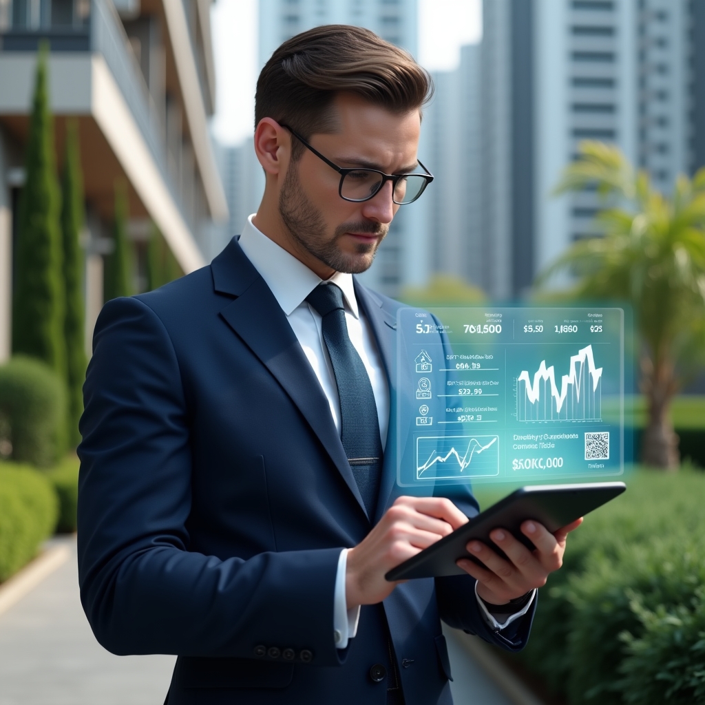 (Ultra-realistic condominium manager in a tailored navy suit, set in a modern luxury condominium environment with high-rise buildings and meticulously landscaped gardens, mid-shot with shallow depth of field, the manager holding a digital tablet displaying floating holographic expense charts and category icons, confidently analyzing financial data, cinematic lighting, highly detailed textures, realistic skin, photographic realism, 8k resolution --ar 1:1 --v 6)