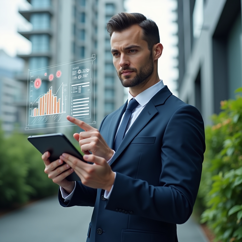 (Ultra-realistic condominium manager in a navy blue tailored suit, set in a modern luxury condominium environment with high-rise buildings and lush green landscaping, holding a digital tablet while pointing at a floating holographic expense chart showing financial graphs and coin icons, confident and focused expression, cinematic lighting, shallow depth of field, highly detailed textures, realistic skin, photographic realism, 8k resolution --ar 1:1 --v 6)