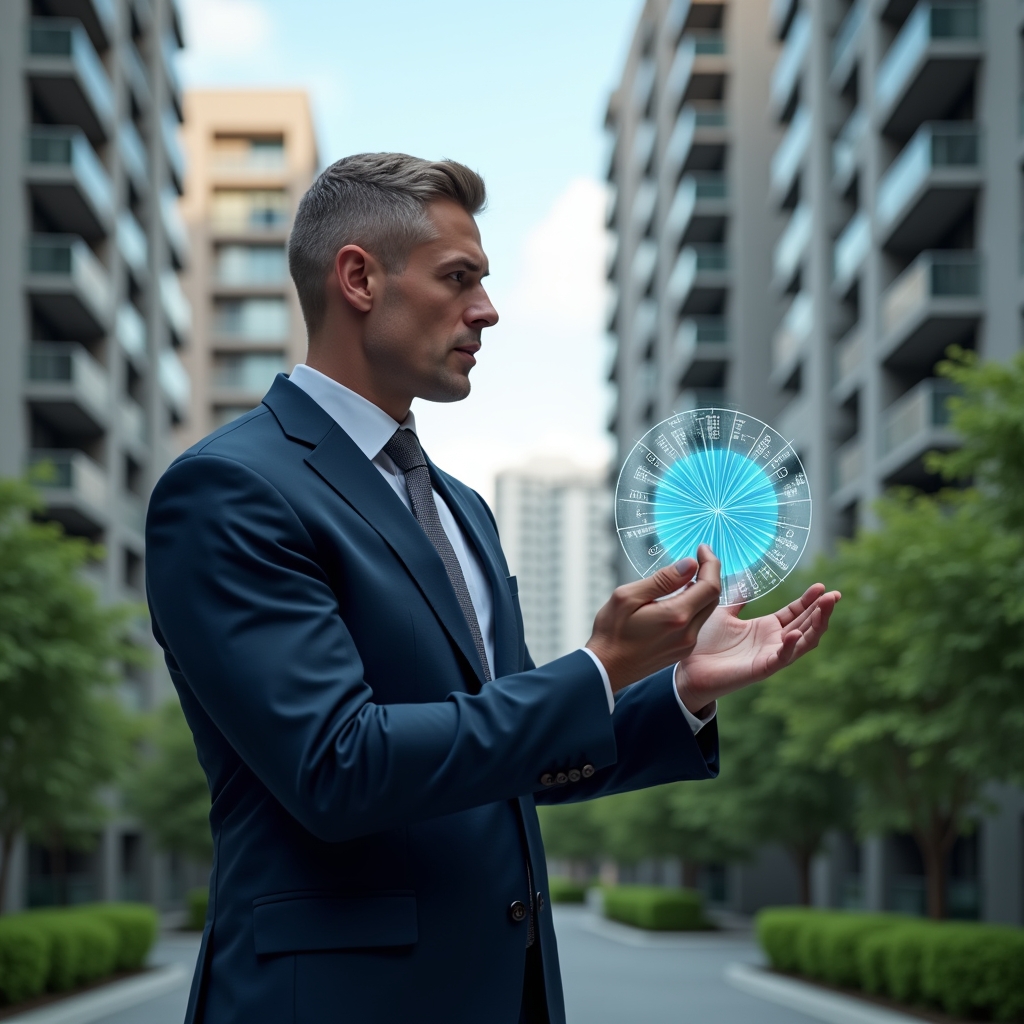 Ultra-realistic condo manager in a navy executive suit, set in a modern luxury condominium environment with high-rise buildings and manicured green landscaping, examining a holographic pie chart of ideal fraction divisions with numeric labels, confident and focused expression, cinematic lighting, shallow depth of field, highly detailed textures, realistic skin, photographic realism, 8k resolution --ar 1:1 --v 6