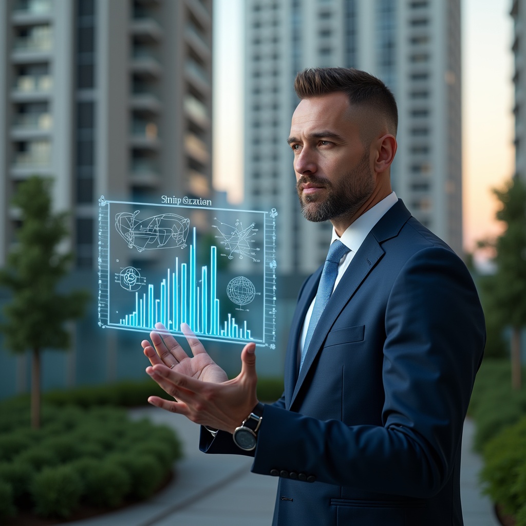 Ultra-realistic condominium manager in a navy executive suit, set in a modern luxury condominium environment with high-rise buildings and manicured greenery, presenting a transparent holographic financial report with clear charts to residents, gesturing confidently toward the data display, cinematic lighting, shallow depth of field, highly detailed textures, realistic skin, photographic realism, 8k resolution --ar 1:1 --v 6