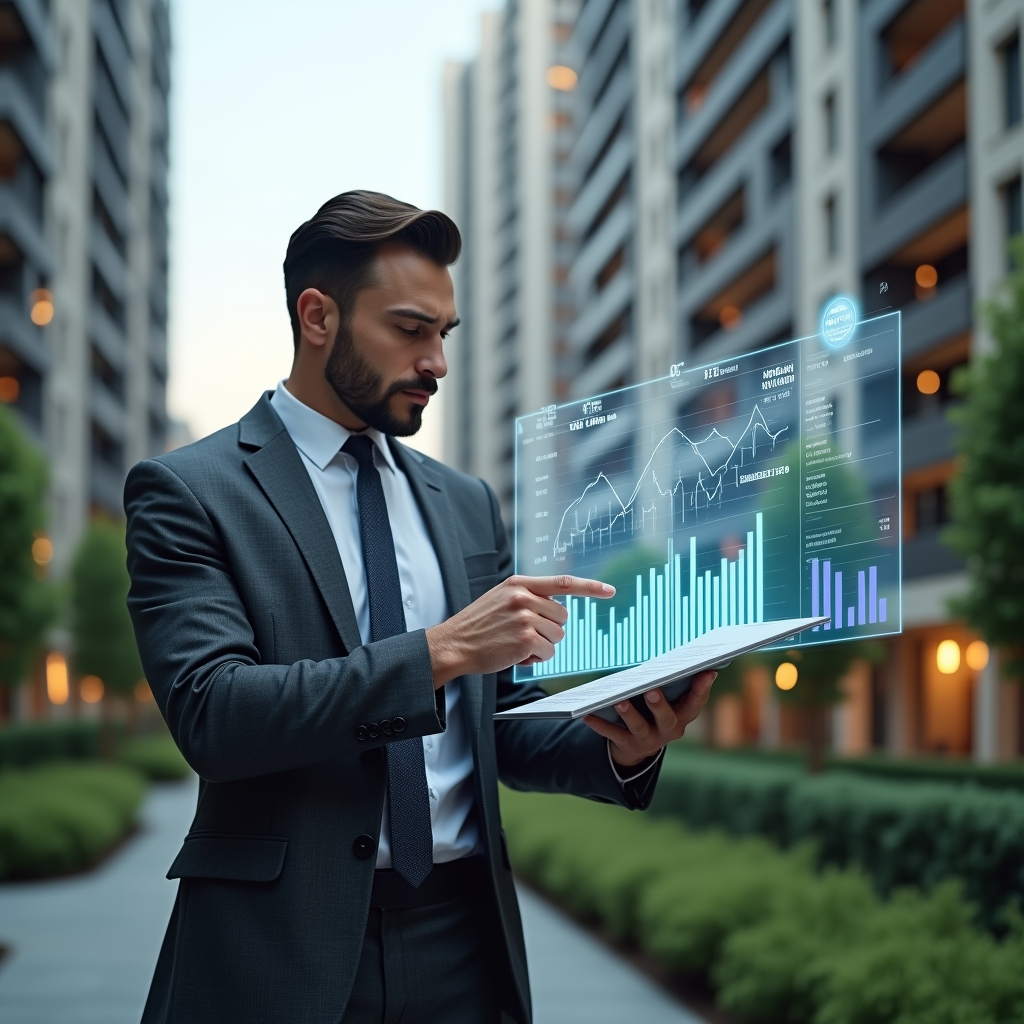 Ultra-realistic condominium manager in a charcoal gray executive suit, set in a modern luxury condominium environment with high-rise buildings and manicured green landscaping, examining a holographic financial report with transparent 3D charts and graphs floating before them, conveying confidence and focus as they point to key figures, cinematic lighting, shallow depth of field, highly detailed textures, realistic skin, photographic realism, 8k resolution --ar 1:1 --v 6
