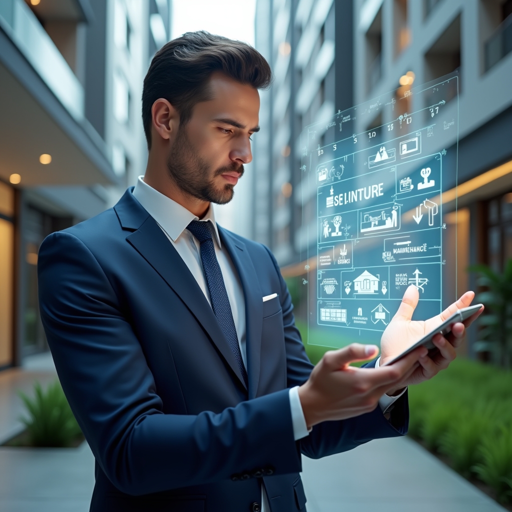 Ultra-realistic condominium manager in a tailored navy blue suit, set in a modern luxury condominium environment with high-rise buildings and manicured green landscaping, confidently examining a floating holographic calendar of maintenance, meetings and events, holographic icons for tools, meeting rooms and party symbols around them, cinematic lighting, shallow depth of field, highly detailed textures, realistic skin, photographic realism, 8k resolution --ar 1:1 --v 6