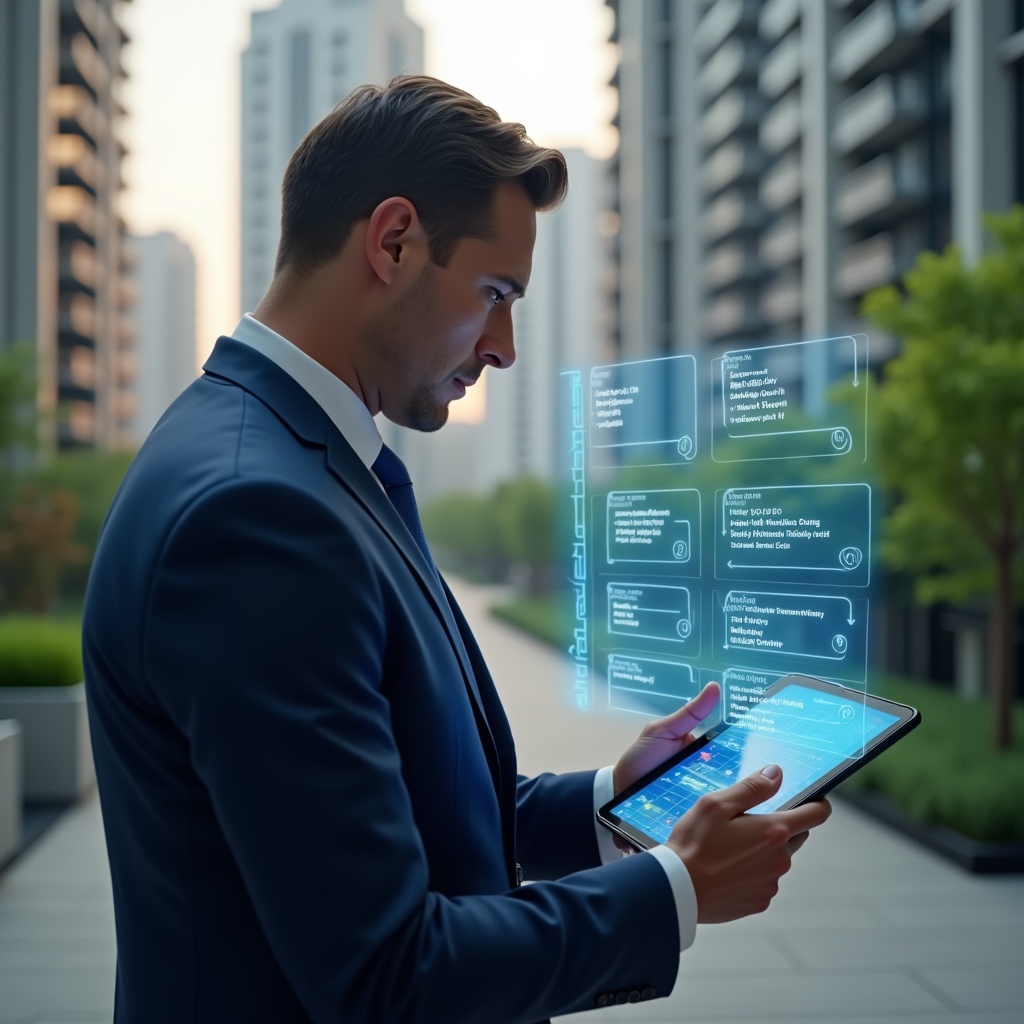 Ultra-realistic condominium manager in a navy blue suit, set in a modern luxury condominium environment with high-rise buildings and lush green landscaping, holding a digital tablet displaying a holographic timeline of tasks and deadlines, confidently reviewing the schedule, floating calendar and checklist icons glowing beside them, cinematic lighting, shallow depth of field, highly detailed textures, realistic skin, photographic realism, 8k resolution --ar 1:1 --v 6