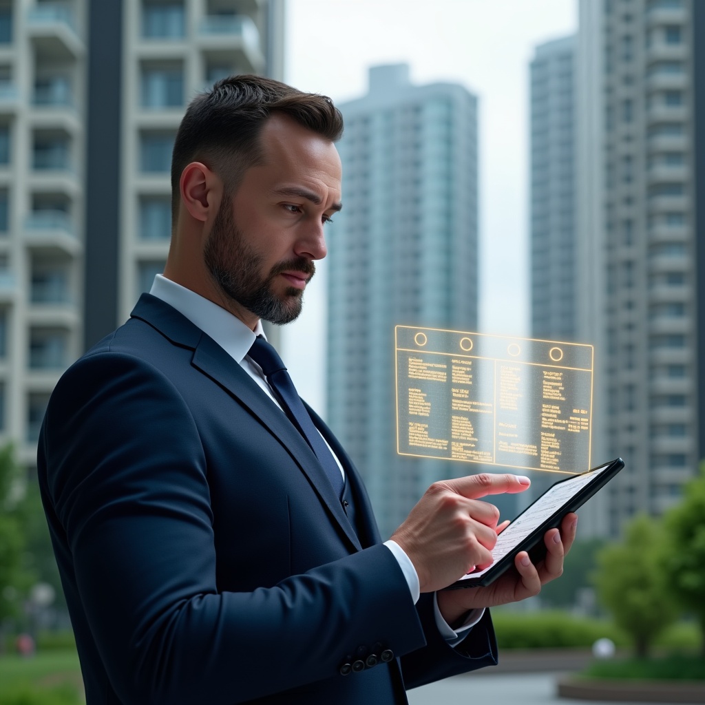 Ultra-realistic condominium manager in a navy blue executive suit, set in a modern luxury condominium environment with high-rise buildings and green landscaping, holding a digital tablet displaying a holographic maintenance schedule calendar, pointing thoughtfully at the floating checklist icons, cinematic lighting, shallow depth of field, highly detailed textures, realistic skin, photographic realism, 8k resolution --ar 1:1 --v 6
