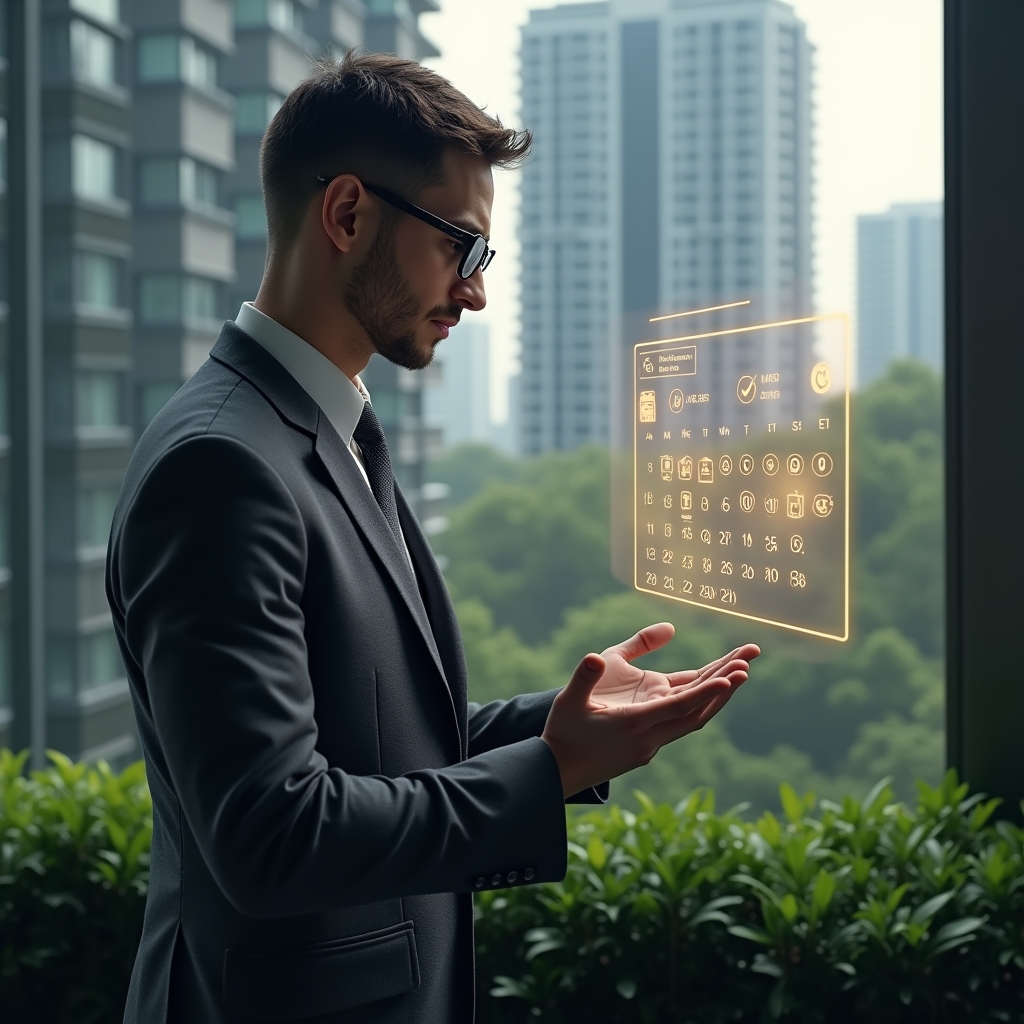 (Ultra-realistic condominium manager in a dark gray business suit, set in a modern luxury condominium environment with high-rise buildings and meticulously landscaped greenery, confidently examining a floating holographic calendar displaying tasks and timelines, surrounded by glowing maintenance tool and checkmark icons, cinematic lighting, shallow depth of field, highly detailed textures, realistic skin, photographic realism, 8k resolution --ar 1:1 --v 6)