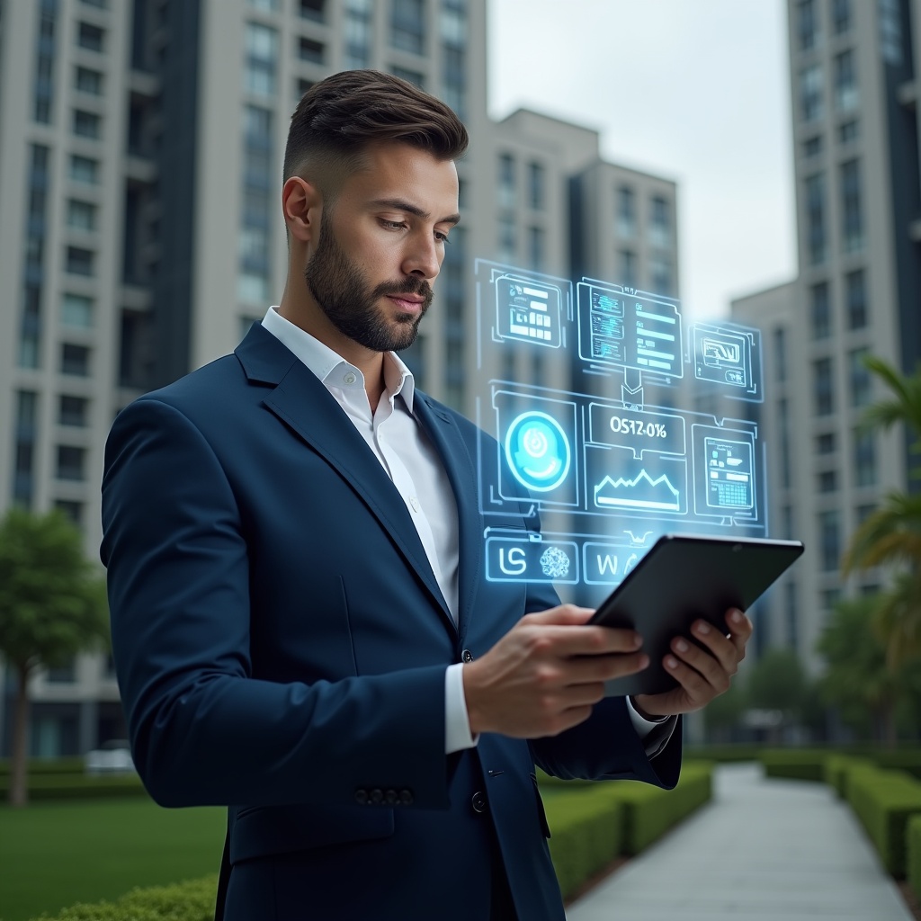 (Ultra-realistic condominium manager in a tailored navy blue suit, set in a modern luxury condominium environment with high-rise buildings and manicured green landscaping, analyzing a floating holographic tablet interface displaying modular app icons and performance charts, confident and focused expression, transparent digital symbols of finance, access control and reservation hovering around, cinematic lighting, shallow depth of field, highly detailed textures, realistic skin, photographic realism, 8k resolution --ar 1:1 --v 6)