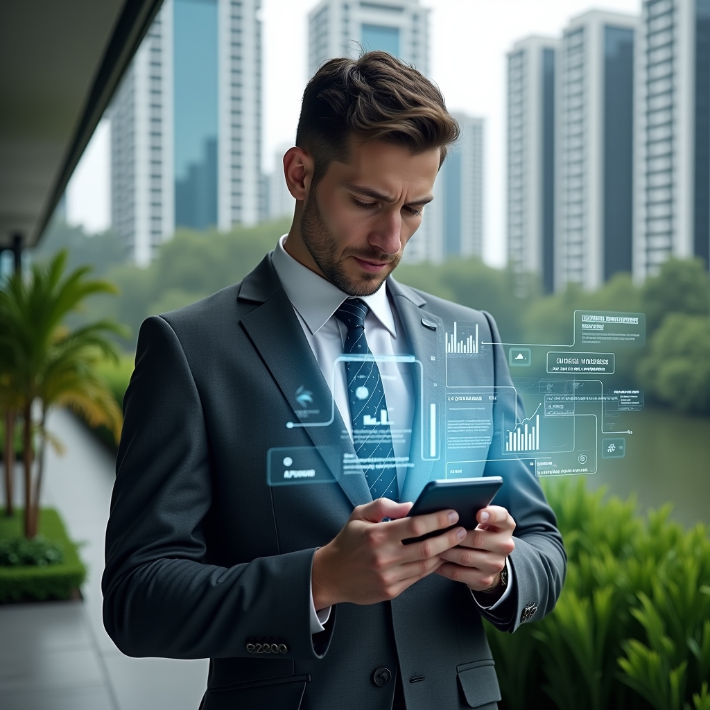 Ultra-realistic condominium manager in a charcoal gray suit, set in a modern luxury condominium environment with high-rise buildings and lush green landscaping, holding a holographic smartphone interface displaying charts, notifications, and condo management icons while thoughtfully analyzing data, futuristic app UI elements floating around, confident expression, cinematic lighting, shallow depth of field, highly detailed textures, realistic skin, photographic realism, 8k resolution --ar 1:1 --v 6