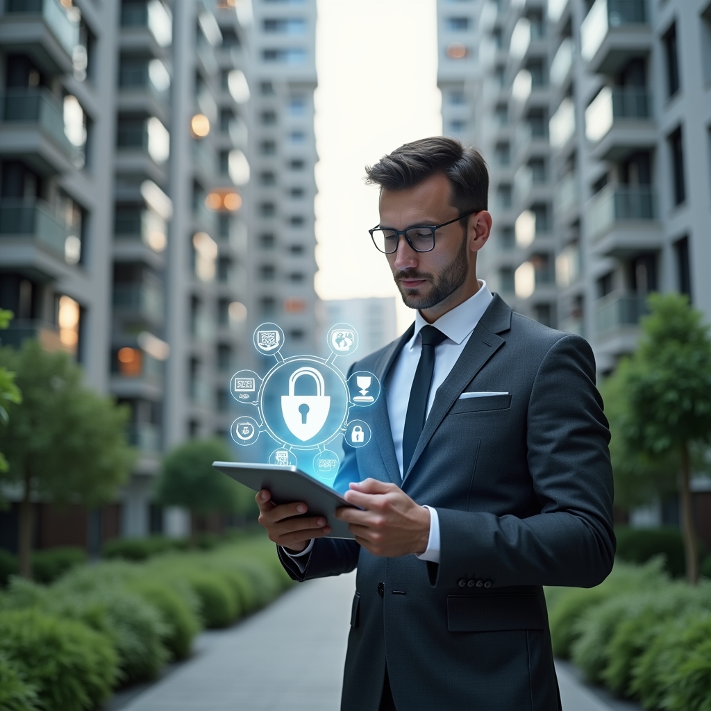 Ultra-realistic condominium manager in a charcoal gray tailored suit, set in a modern luxury condominium environment with high-rise buildings and meticulously landscaped green areas, holding a transparent tablet displaying holographic icons of a mobile app interface and security shield, confidently analyzing data on the screen, cinematic lighting, shallow depth of field, highly detailed textures, realistic skin, photographic realism, 8k resolution --ar 1:1 --v 6