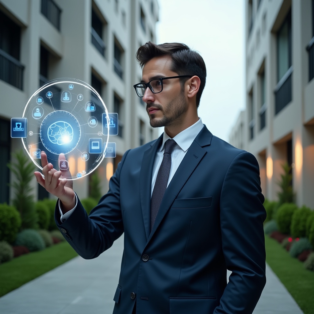 (Ultra-realistic condominium manager in a tailored navy suit, set in a modern luxury condominium environment with high-rise buildings and manicured green landscaping, interacting with a floating holographic condominium management app interface, confident and focused expression, futuristic icons for security, finances, and scheduling orbiting around the display, cinematic lighting, shallow depth of field, highly detailed textures, realistic skin, photographic realism, 8k resolution --ar 1:1 --v 6)