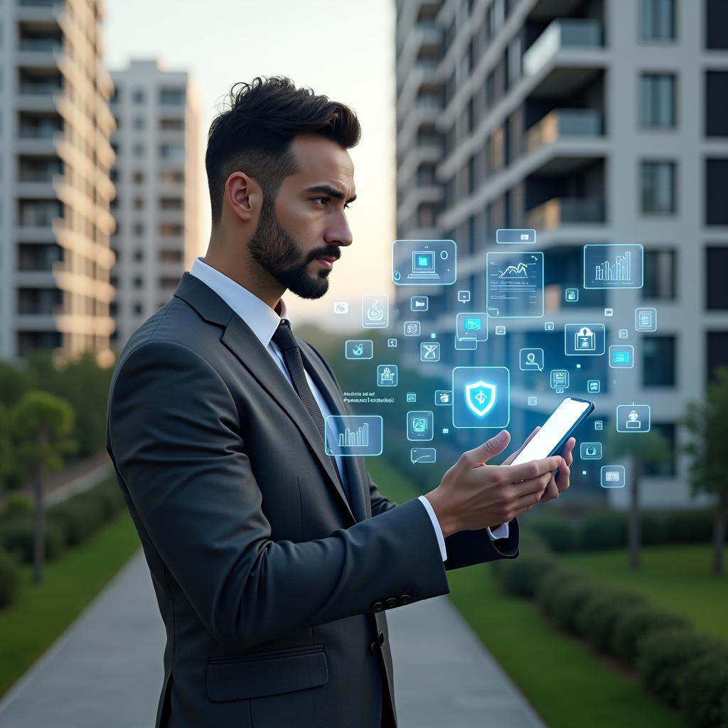(Ultra-realistic condominium property manager in a charcoal gray executive suit, set in a modern luxury condominium environment with high-rise buildings and manicured green landscaping, examining a floating holographic dashboard of app icons and data charts related to security, usability, and support, holographic smartphone with glowing **aplicativo para condomínio** interface beside them, confident and focused expression, cinematic lighting, shallow depth of field, highly detailed textures, realistic skin, photographic realism, 8k resolution --ar 1:1 --v 6)