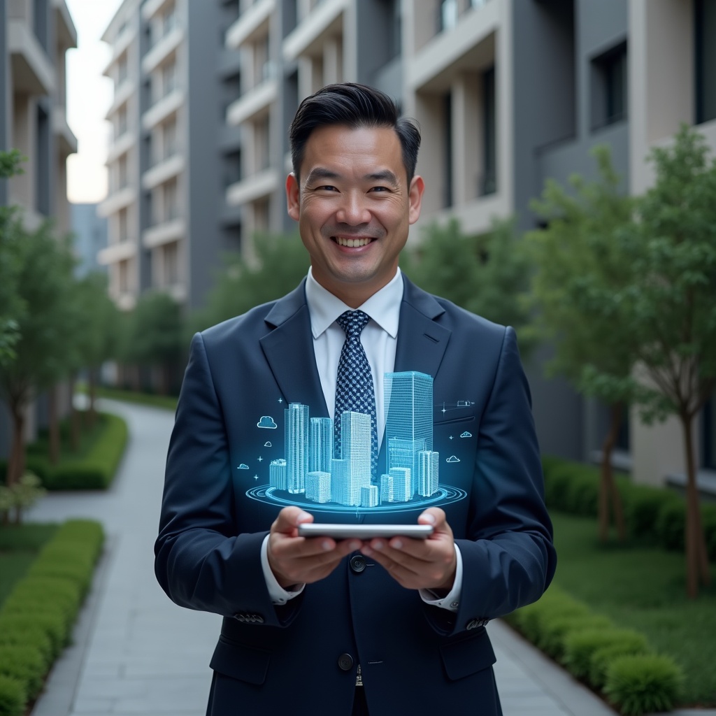 (Ultra-realistic property manager in a navy suit, set in a modern luxury condominium environment with high-rise buildings and manicured greenery, holding a tablet displaying holographic icons of charts and apartment blocks to symbolize evaluating a management app, confident expression, cinematic lighting, shallow depth of field, highly detailed textures, realistic skin, photographic realism, 8k resolution --ar 1:1 --v 6)
