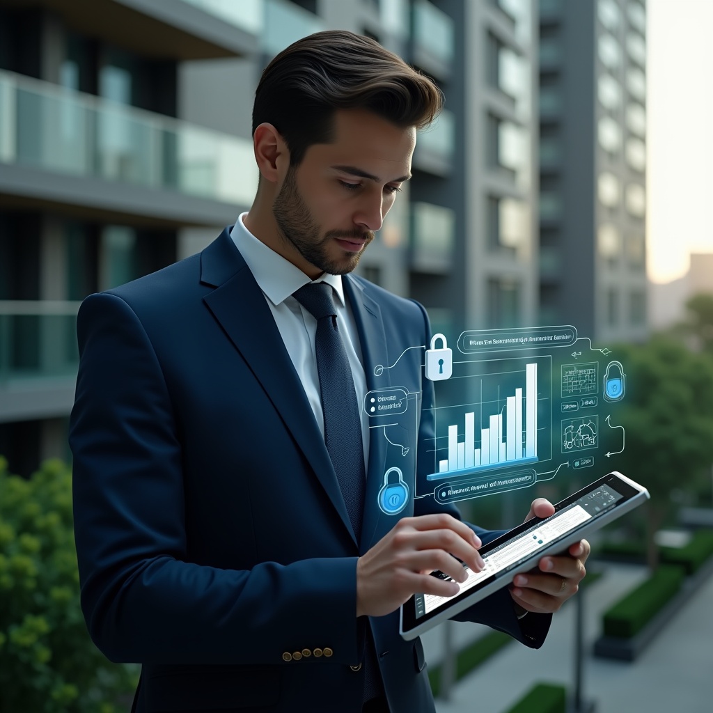 (Ultra-realistic condominium manager in a dark blue executive suit, set in a modern luxury condominium environment with high-rise buildings and lush green landscaping, holding a tablet with holographic app interface projecting charts, security lock icon and chat bubbles, examining the digital display with a confident, focused expression, cinematic lighting, shallow depth of field, highly detailed textures, realistic skin, photographic realism, 8k resolution --ar 1:1 --v 6)
