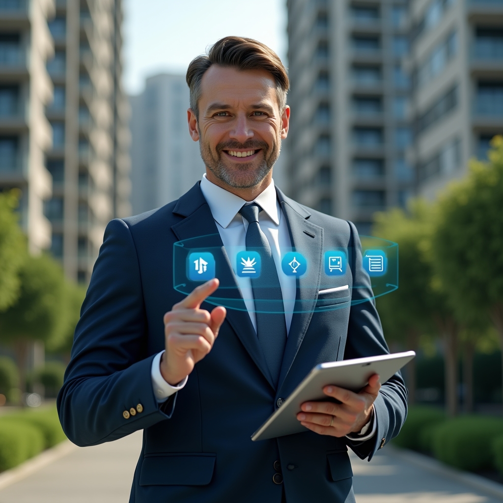 Ultra-realistic condominium manager in a navy blue tailored suit, set in a modern luxury condominium environment with high-rise buildings and lush green landscaping, holding a tablet and pointing confidently at a floating holographic interface displaying app icons for finance, chat, and security, cinematic lighting, shallow depth of field, highly detailed textures, realistic skin, photographic realism, 8k resolution --ar 1:1 --v 6