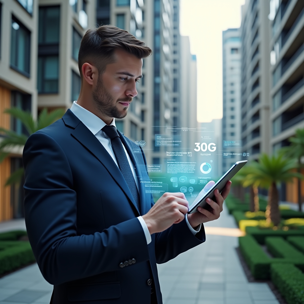 (Ultra-realistic condominium manager in a tailored navy suit, set in a modern luxury condominium environment with high-rise buildings and manicured green landscaping, examining a holographic app interface projected from a tablet in his hands, overlaid with floating icons of charts and notifications representing financial and operational management, cinematic lighting, shallow depth of field, highly detailed textures, realistic skin, photographic realism, 8k resolution --ar 1:1 --v 6)