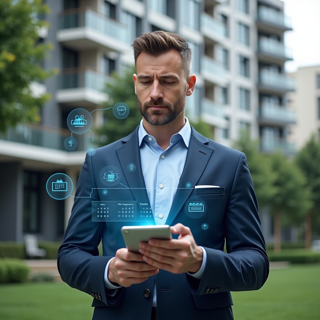Ultra-realistic property manager in a navy blue executive suit, set in a modern luxury condominium environment with high-rise buildings and manicured green landscaping, holding a holographic schedule planner and tapping a floating digital timeline, calendar icons and task markers orbiting around, confident and focused expression, cinematic lighting, shallow depth of field, highly detailed textures, realistic skin, photographic realism, 8k resolution --ar 1:1 --v 6