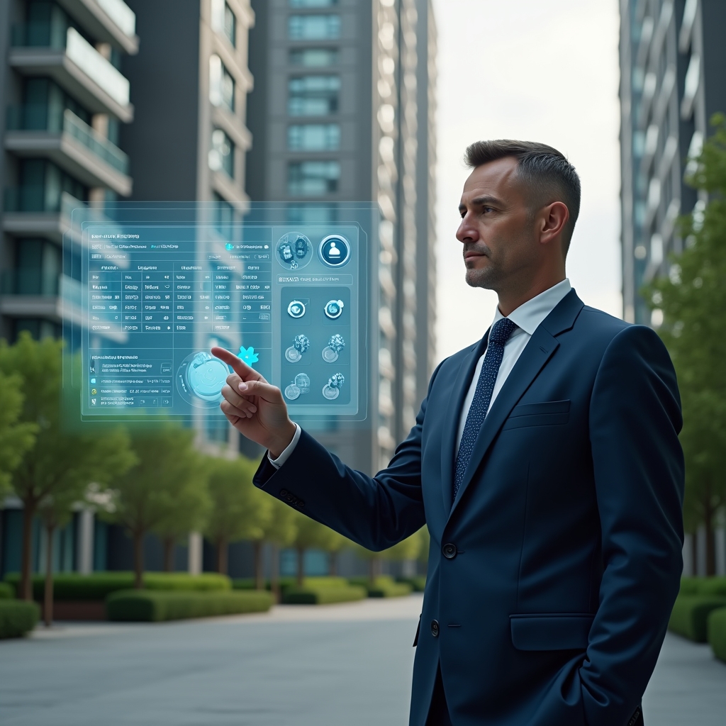 Ultra-realistic condominium manager in a navy executive suit, set in a modern luxury condominium environment with high-rise buildings and lush green landscaping, confidently pointing at a floating holographic schedule calendar displaying maintenance task icons and communication alerts, cinematic lighting, shallow depth of field, highly detailed textures, realistic skin, photographic realism, 8k resolution --ar 1:1 --v 6